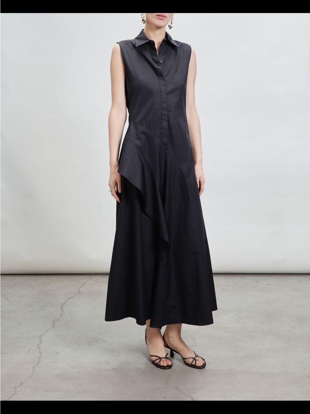 MaxMara Black Sleeveless Asymmetric Maxi Shirt Dress